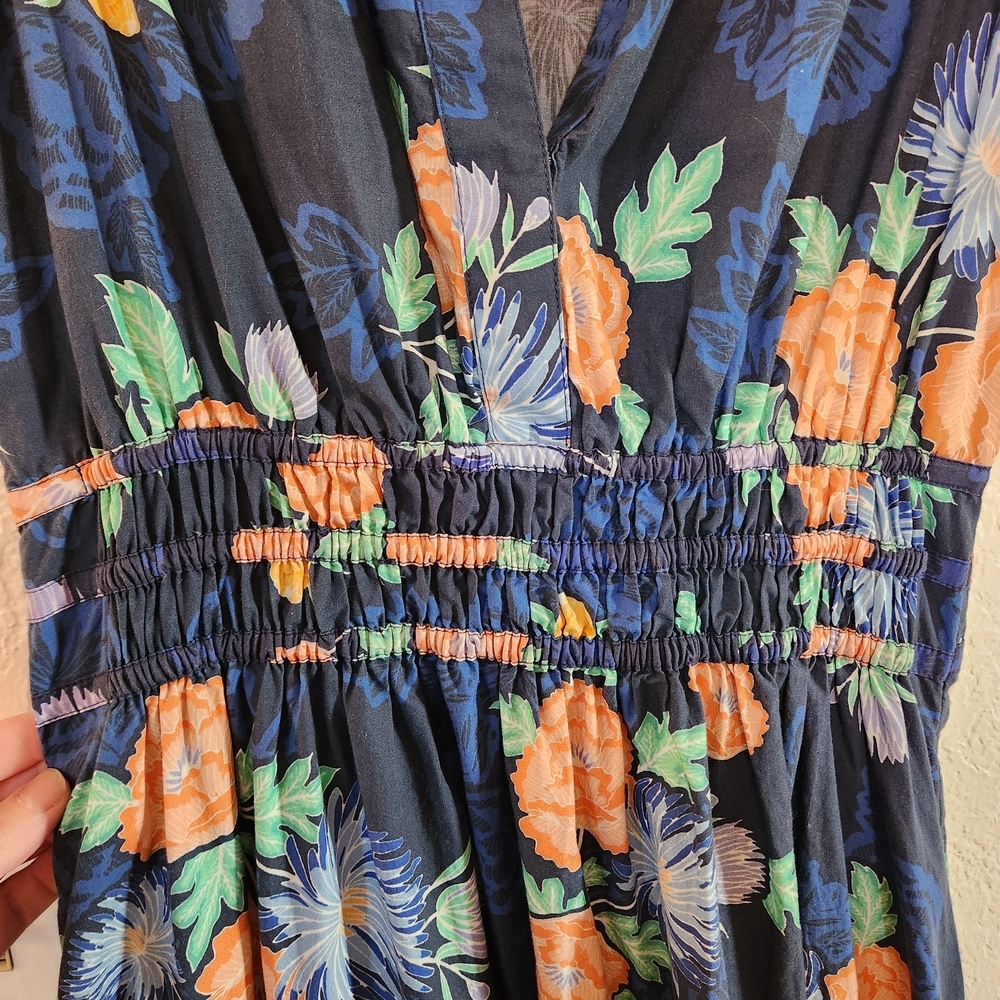 Anthropologie Somerset Maxi Dress Blue Orange Floral V Neck Smocked Waist Size S - Picture 5 of 8